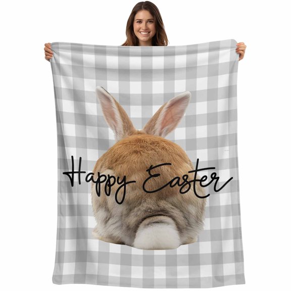 Grey Easter Blanket Soft Cozy Warm Throw Blanket for Couch, Plush Fuzzy Flannel Fleece Blankets for Sofa, Spring Watercolor Bunny Plaid Checkered Bed Blankets Lightweight Gifts for Women, 30"x40"