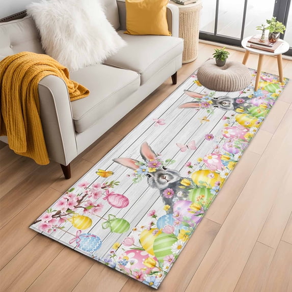 Grey Easter Bunny 2'x6' Runner Rugs for Hallway Kitchen Bedside Non Slip Washable, Spring Colorful Egg Flower Wood Grain Entryway Rug Runners with Rubber Backing, Long Carpet Runner for Laundry Room