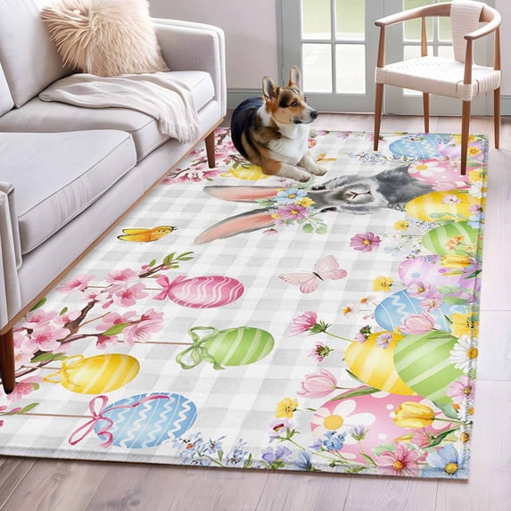Grey Easter Bunny Area Rugs 4'x6', Washable Small Throw Rugs for Office Bathroom, Spring Colorful Eggs Flower Branch Plaid Indoor Outdoor Rug Non-Slip Low Pile Carpet Runner Reversible Floor Mats