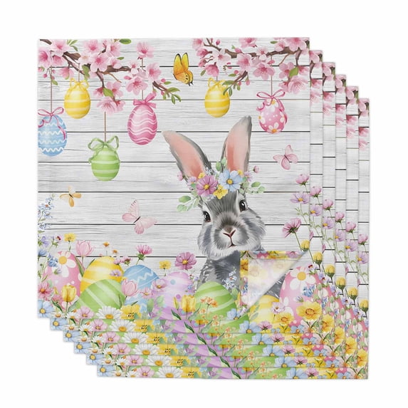 Grey Easter Bunny Cloth Napkins, Spring Colorful Egg Flower Wood Grain Washable and Reusable Dinner Napkins Set of 6, Table Napkin for Kitchen Party Birthday Wedding Hotel Housewarming 20"x20"