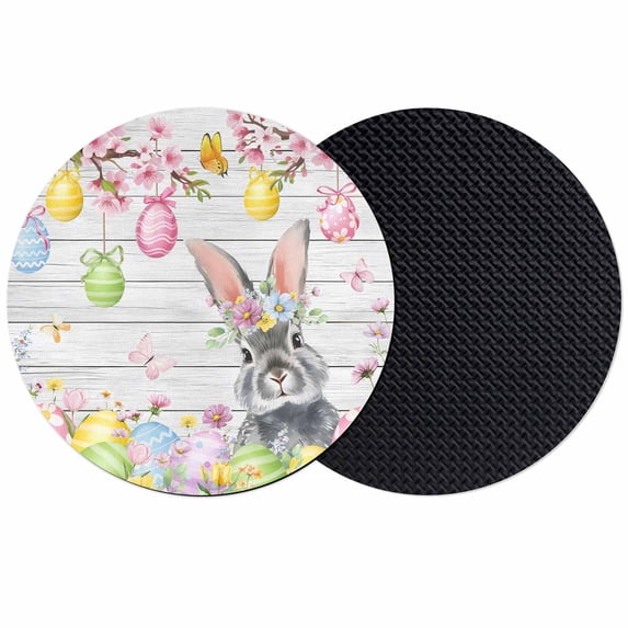 Grey Easter Bunny Coasters Set of 2, Absorbent Coasters for Drinks, Spring Colorful Egg Flower Wood Grain Coaster for Desk Coffee Table Protection, Home Decor House Warming Gifts 4"