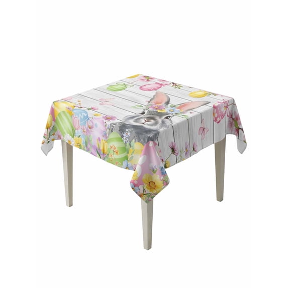 Grey Easter Bunny Suqare Tablecloth - 60 x 60 Inch, Spring Colorful Egg Flower Wood Grain Waterproof & StainResistant Tablecloth, Washable Oil-proof Table Cover for Dining/Party/Wedding/Buffet