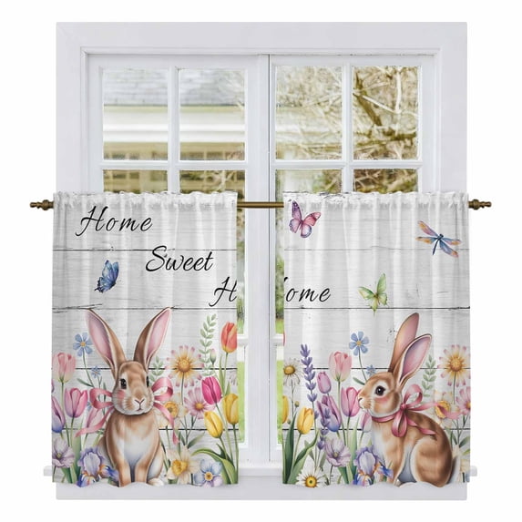 Grey Easter Kitchen Curtain for Berdoom Living Room Cafe 54 Inch Length, Spring Watercolor Tulip Flower Plant Wood Grain Tiers Curtains Light Filtering Drapes Window Treatment 2 Panels 52"Wx54"L