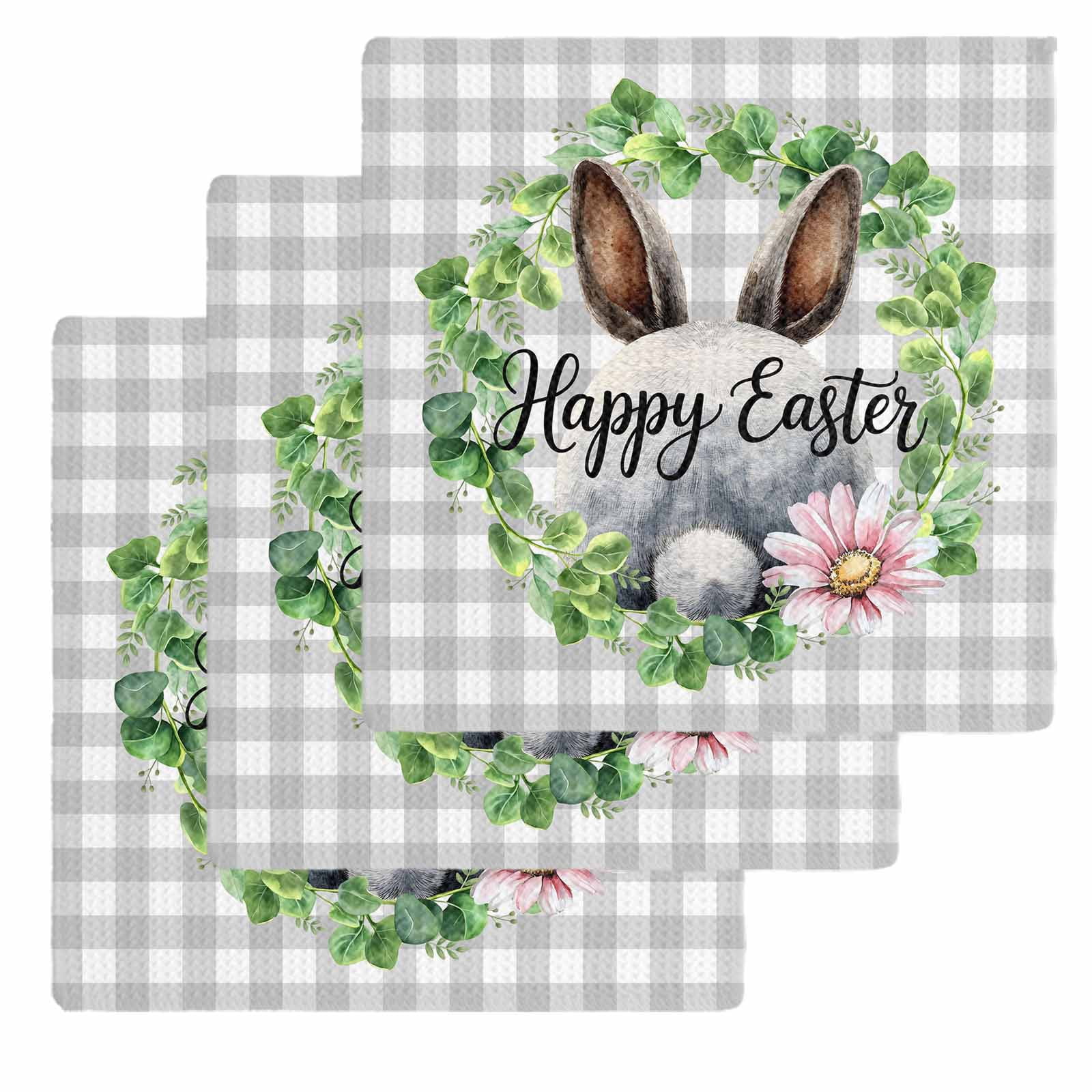 Grey Easter Kitchen Dish Towels for Drying Dishes Set of 3, Spring Watercolor Bunny Flower Leaf Plaid Waffle Weave Microfiber Hand Tea Bathroom Towels Quick Dry & Absorbent Towel 12x12