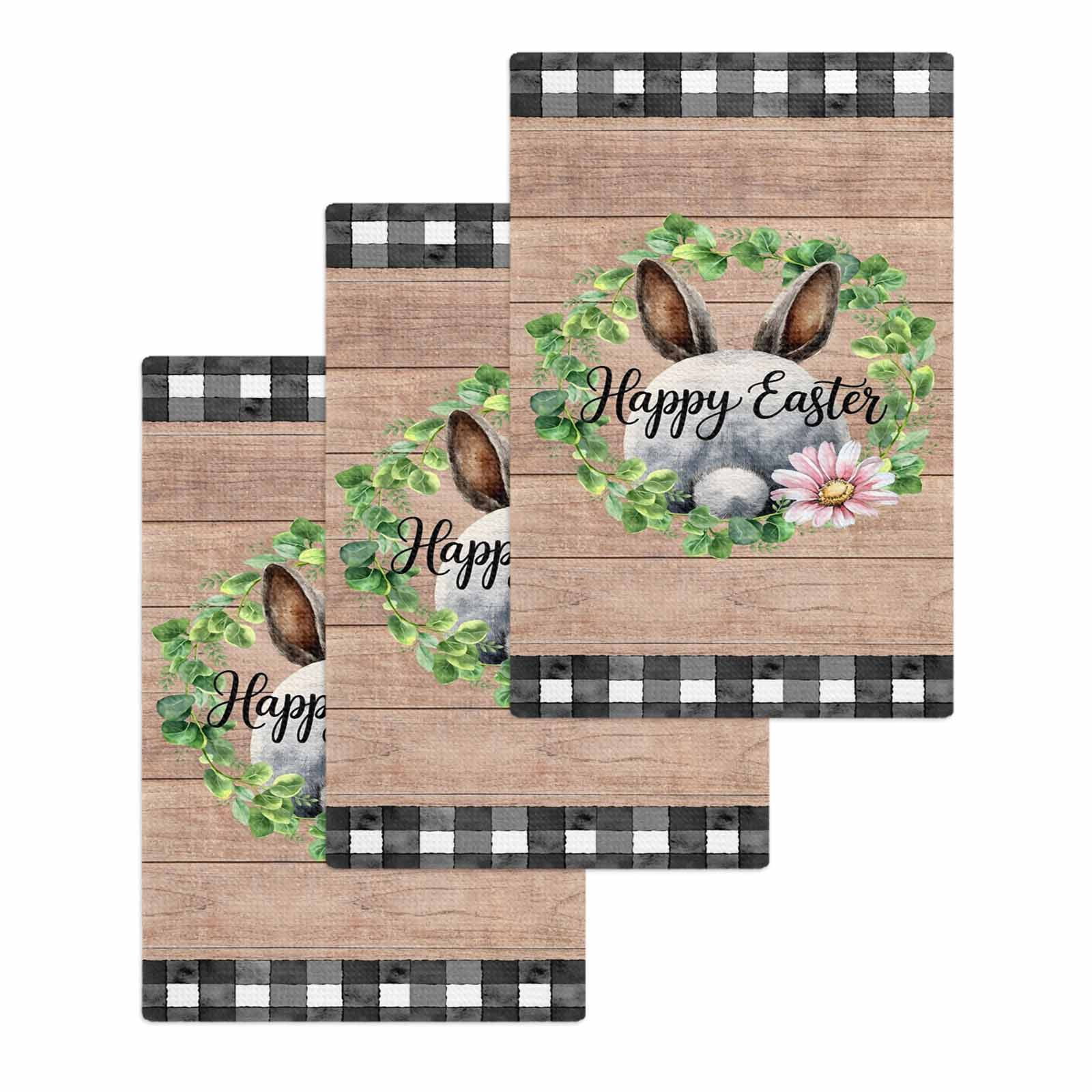 Grey Easter Kitchen Dish Towels for Drying Dishes Set of 3, Spring Watercolor Bunny Flower Leaf Wood Grain Waffle Weave Microfiber Hand Tea Bathroom Towels Quick Dry & Absorbent Towel 15.7x23.6