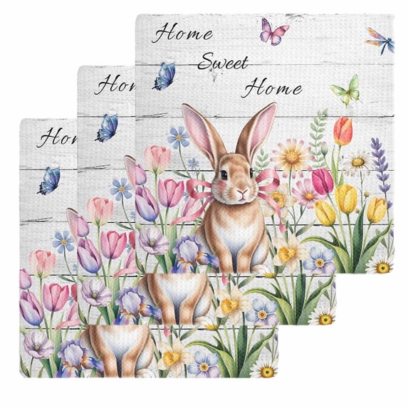 Grey Easter Kitchen Dish Towels for Drying Dishes Set of 3, Spring Watercolor Tulip Flower Plant Wood Grain Waffle Weave Microfiber Hand Tea Bathroom Towels Quick Dry & Absorbent Towel 12x12