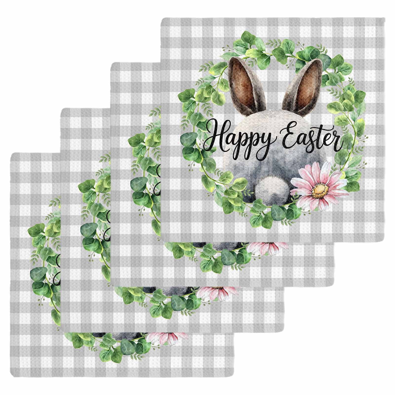 Grey Easter Kitchen Dish Towels for Drying Dishes Set of 4, Spring Watercolor Bunny Flower Leaf Plaid Waffle Weave Microfiber Hand Tea Bathroom Towels Quick Dry & Absorbent Towel 12x12