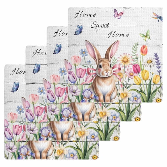 Grey Easter Kitchen Dish Towels for Drying Dishes Set of 4, Spring Watercolor Tulip Flower Plant Wood Grain Waffle Weave Microfiber Hand Tea Bathroom Towels Quick Dry & Absorbent Towel 12x12