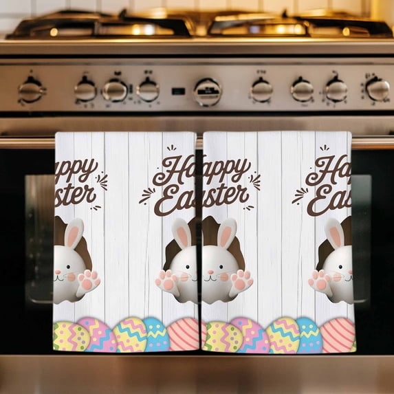 Grey Easter Kitchen Towels Set of 4, Spring Cartoon Bunny Colorful Eggs Wood Grain Absorbent Dish Towels for Kitchen, Microfiber Hand Towel, Quick Drying Tea Towel for Cleaning Decorative Dishcloths