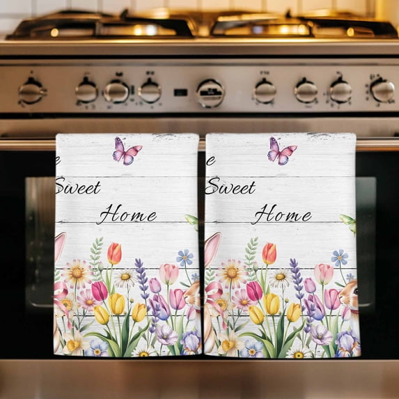 Grey Easter Kitchen Towels Set of 4, Spring Watercolor Tulip Flower Plant Wood Grain Absorbent Dish Towels for Kitchen, Microfiber Hand Towel, Quick Drying Tea Towel for Cleaning Dishcloths