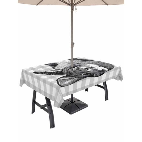Grey Easter Outdoor Tablecloth - 60x102 Inch Rectangle Dining Table Cover, Spring Country Cute Bunny Plaid Checkered Waterproof Outdoor Table Cloth with Umbrella Hole & Zipper for Picnic/Patio/Party
