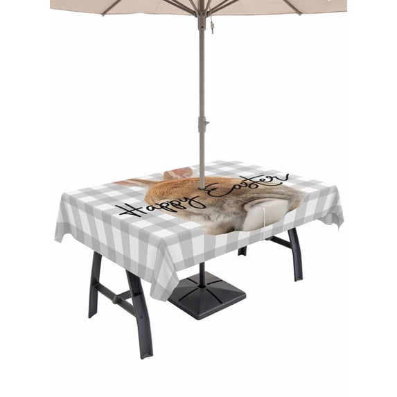Grey Easter Outdoor Tablecloth - 60x120 Inch Rectangle Dining Table Cover, Spring Watercolor Bunny Plaid Checkered Waterproof Outdoor Table Cloth with Umbrella Hole & Zipper for Picnic/Patio/Party