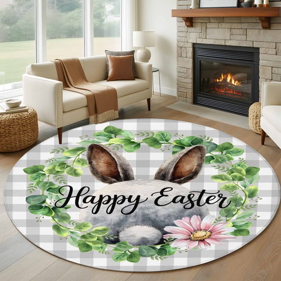 Grey Easter Round Area Rug 8Ft Washable Large Circle Rugs for Living Room Dorm, Spring Watercolor Bunny Flower Leaf Plaid Non-Slip Carpet Floor Mats Indoor Outdoor Carpet Runner Aesthetic Home Decor