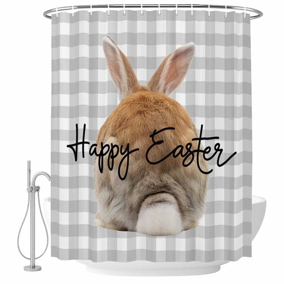 Grey Easter Shower Curtain, Waterproof Shower Curtains for Bathroom, Spring Watercolor Bunny Plaid Checkered Washable Fabric Bathtub Curtain Set Bath Decor with 12 Hooks Standard 72"x72"