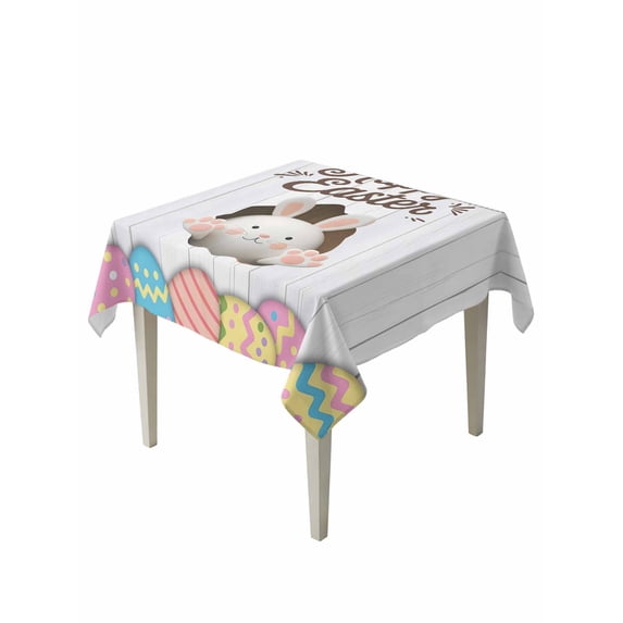 Grey Easter Suqare Tablecloth - 60 x 60 Inch, Spring Cartoon Bunny Colorful Eggs Wood Grain Waterproof & StainResistant Tablecloth, Washable Oil-proof Table Cover for Dining/Party/Wedding/Buffet