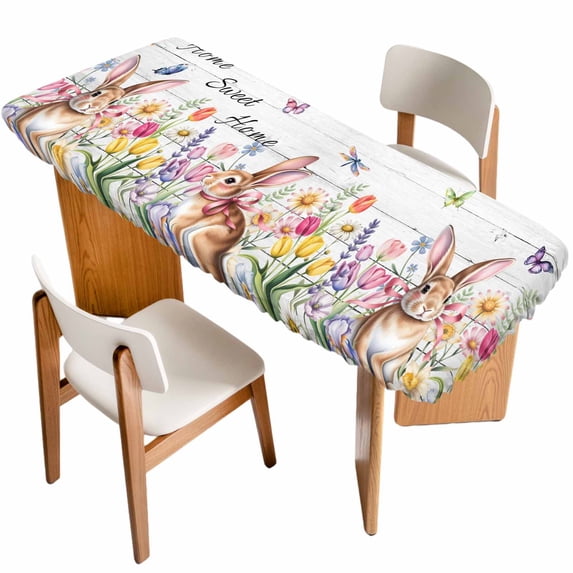 Grey Easter Table Cloths for 8 Foot Rectangle Tables, Spring Watercolor Tulip Flower Plant Wood Grain Patio Waterproof Elastic Fitted Tablecloths, Washable Rectangular Table Cover for Camping