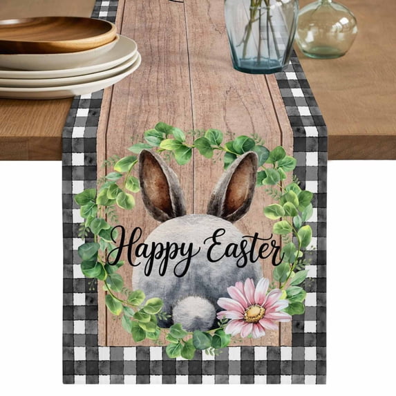Grey Easter Table Runner 60 Inches, Spring Watercolor Bunny Flower Leaf Wood Grain Bed Runner Dresser Scarves Tabletop for Indoor Outdoor Parties/Ceremony/Banquet, 13" x 60"