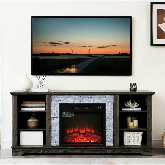 Grey Electric Fireplace With Open Storage Space, 18" Insert, Faux Stacked Stone Surround, Fits 65" Tv, Entertainment Unit Tv Stand, Grey, Storage, Modern Console