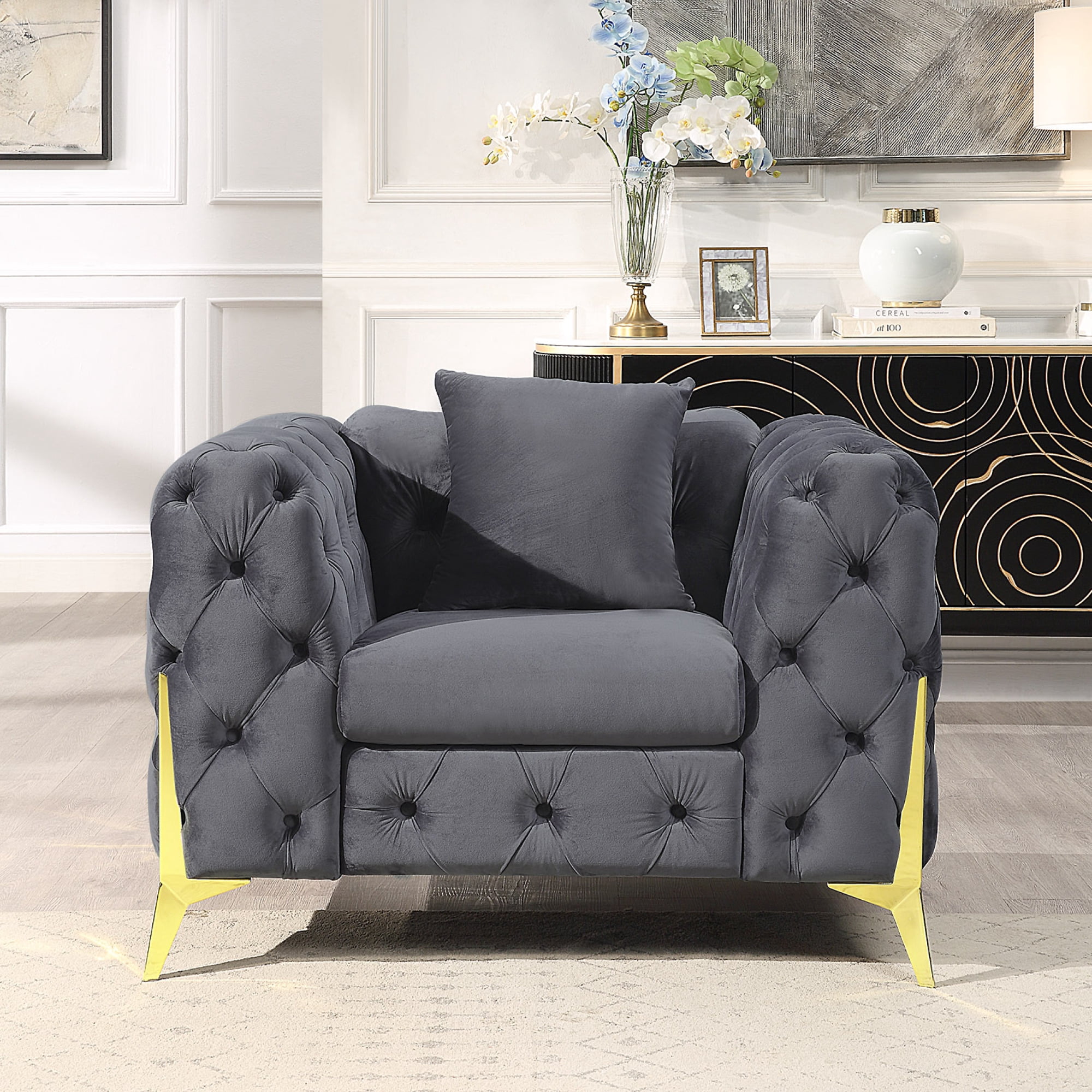 Grey Elegant Velvet Living Room Armchair, Upholstered Armchair ...