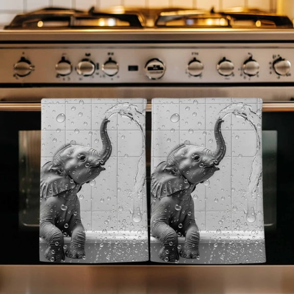 Grey Elephant Kitchen Towels Set of 1, Modern Art Bathtub Absorbent Dish Towels for Kitchen, Microfiber Hand Towel, Quick Drying Tea Towel for Cleaning Decorative Dishcloths
