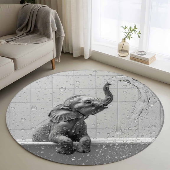 Grey Elephant Round Rug 3ft Washable Circle Entryway Rugs Non Slip Modern Art Bathtub Area Rug Indoor Floor Carpet for Bedroom Kitchen Living Room Home Office Dining Room Nursery