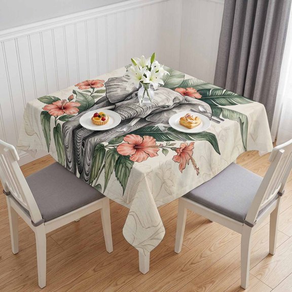 Grey Elephant Table Cloth Waterproof Tablecloths, Boho Tropical Palm Leaves Flowers Animals Tablecloth Dining Table Cover for Kitchen Party Tabletop Outdoor, Square Tablecloth 54x54 Inch