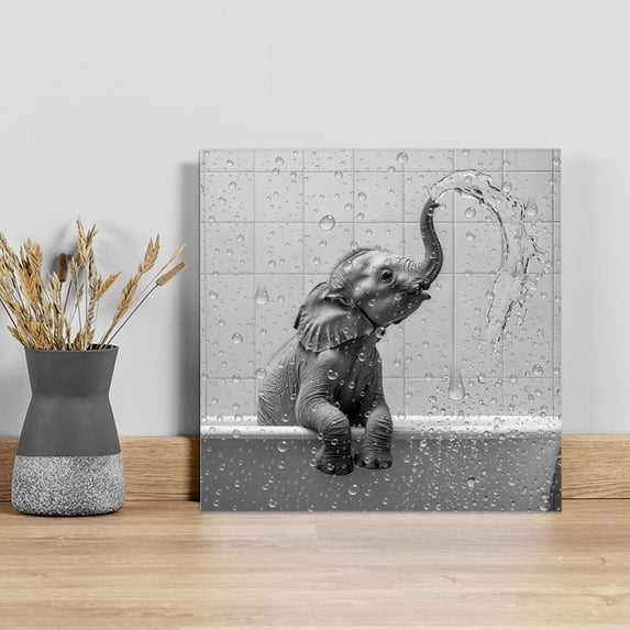 Grey Elephant Wall Art Painting on Canvas, Modern Art Bathtub Canvas Art Home Prints Wall Art Framed Modern Artwork for Living Room Bedroom Wall Decor 12x12in