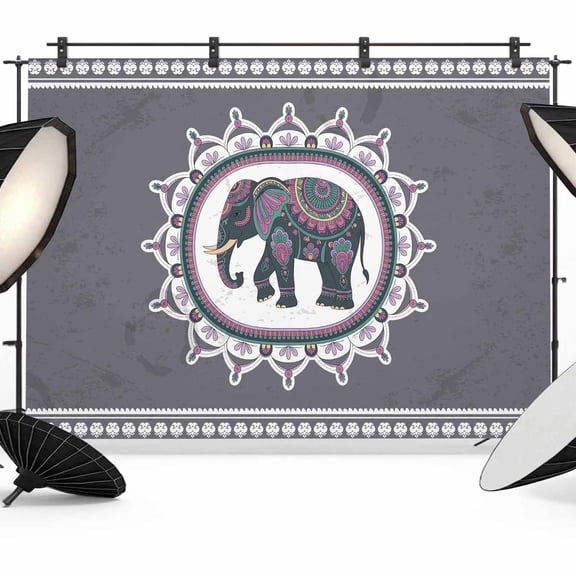 Grey Elephants Backdrop for Photoshoot,Photography Photo Studio Background Wall Backdrop,Modern Geometric Ethnic Animals National Back Drop Banner Panel for Portraits Wedding Live Streaming 8x6Ft