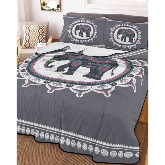 Grey Elephants Full Size Down Alternative Comforter, Lightweight Comforter Quilt Bedding Set with Pillow Shams Modern Geometric Ethnic Animals National All Seasons Bed Comforter Duvet Insert 78"x90"