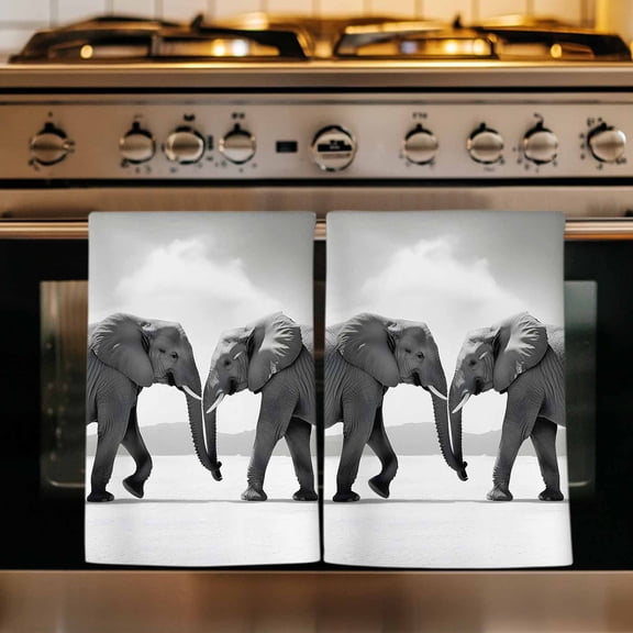 Grey Elephants Kitchen Towels Set of 1, Modern Art Animals Absorbent Dish Towels for Kitchen, Microfiber Hand Towel, Quick Drying Tea Towel for Cleaning Decorative Dishcloths