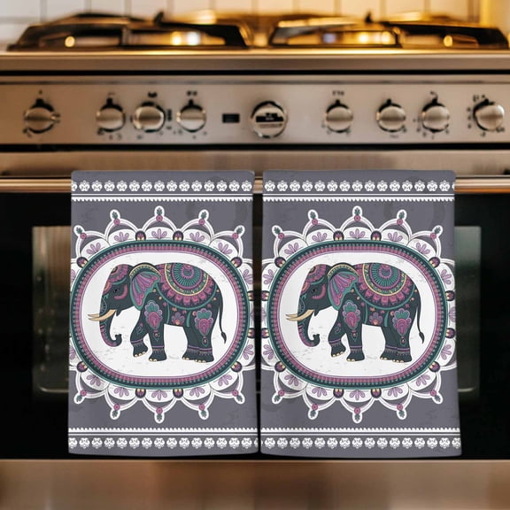 Grey Elephants Kitchen Towels Set of 1, Modern Geometric Ethnic Animals National Absorbent Dish Towels for Kitchen, Microfiber Hand Towel, Quick Drying Tea Towel for Cleaning Decorative Dishcloths
