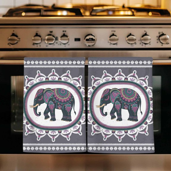 Grey Elephants Kitchen Towels Set of 4, Modern Geometric Ethnic Animals National Absorbent Dish Towels for Kitchen, Microfiber Hand Towel, Quick Drying Tea Towel for Cleaning Decorative Dishcloths