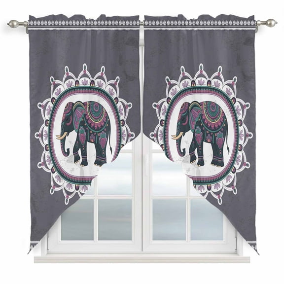 Grey Elephants Swag Valances for Windows 2 Pack, Kitchen Window Curtains 36 Inch Length, Modern Geometric Ethnic Animals National Privacy Swag Curtains for Living Room/Bathroom 36"x36"