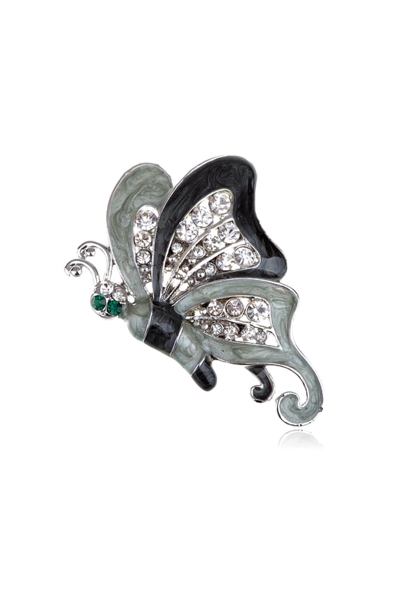 Grey Enamel Wing Clear Crystal Rhinestone Green Eye Butterfly Pin Broach Brooch