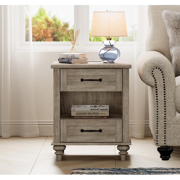 Grey End Table with 2 Drawers & Open Shelf, Wooden Side Table Nightstand with Charging Station for Living Room & Bedroom