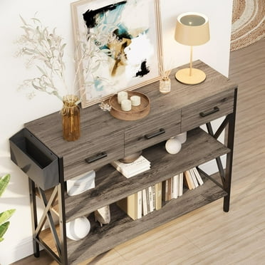Grey Entryway Table, 47" Console Table with Drawers, Narrow Sofa Table End Table with 3 Drawers for Foyer