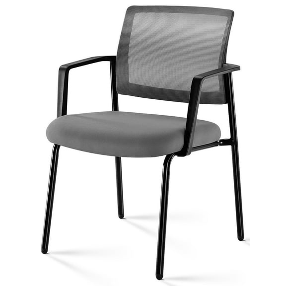 Grey Ergonomic Stackable Arm Chairs, Breathable Mesh Back & Padded Fabric Cushion, Strong Robust Metal Frame, Space-Saving Convenient Storage Design for Indoor & Outdoor Home & Office