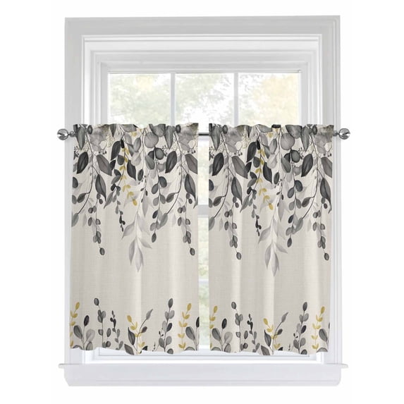 Grey Eucalyptus 2 Panel Kitchen Curtains for Windows, Farmhouse Weeping Leaves on Linen Bathroom Privacy Curtain, Home Décor Window Treatment for Bedroom/Living Room 55"x45"