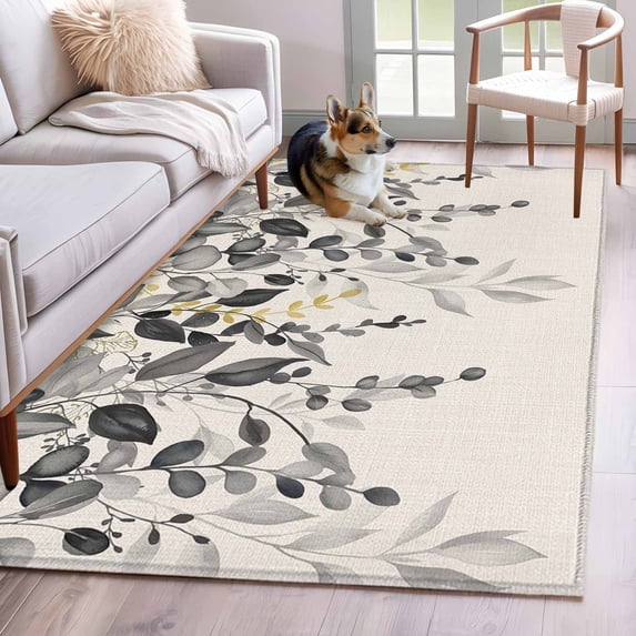 Grey Eucalyptus 3'x5' Washable Rug, Farmhouse Weeping Leaves on Linen Non-Slip Area Rugs for Entryway Kitchen Classroom, StainResistant Dorm Throw Carpet, Low Pile Soft Indoor Floor Mat