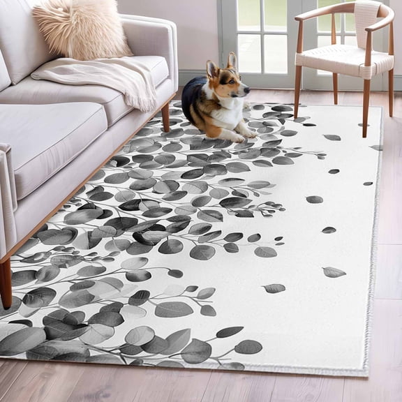 Grey Eucalyptus Area Rugs 3x5 ft Leaves and Fruit Washable Rug Non Slip Indoor Carpet Absorbent Floor Mat for Living Room Bedroom Dining Room