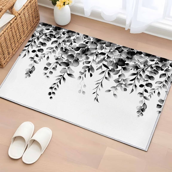 Grey Eucalyptus Bathroom Mats 2x3 FT, Non Slip Small Kitchen Mat, Gradient Retro Watercolor Leaves Washable Soft Backed Front Door Throw Rugs Non-Shedding Indoor Outdoor Doormat for Entryway Sink