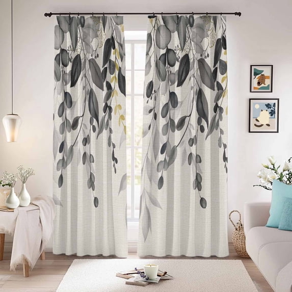 Grey Eucalyptus Blackout Curtains for Bedroom/Living Room, Pinch Pleated Black Out Curtains, Farmhouse Weeping Leaves on Linen Room Darkening Window Drapes with Hooks 2 Panels, 59"x70"