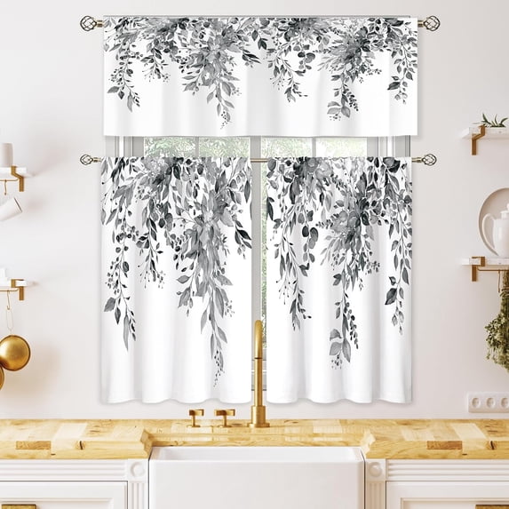 Grey Eucalyptus Botanical Leaves Small Short Kitchen Curtains Farmhouse Flower Window Curtains Valance and Tier Set 3 Piece 36 Inch Tier Treatment Curtain Boho Cafe Curtains for Bathroom