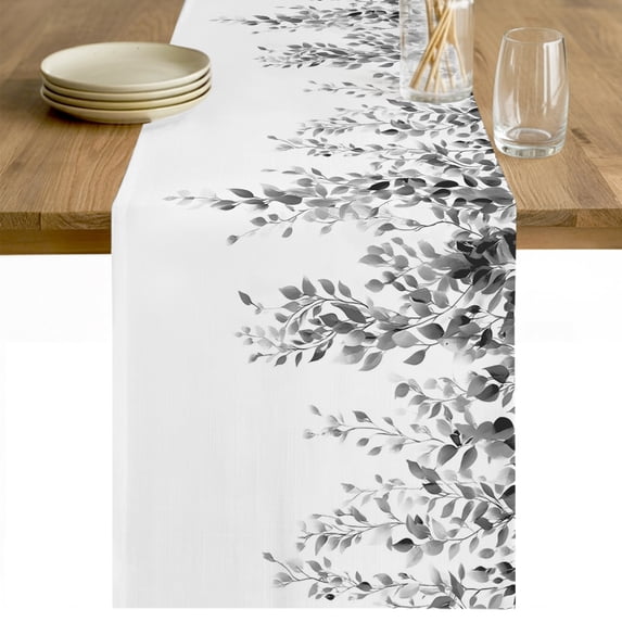 Grey Eucalyptus Cotton Linen Rectangle Table Runners 13"x48", Weeping Botanical Leaf Watercolor Coffee Table Runner Dresser Scarves Luxury Table Runners for Wedding Party Banquet Dinner Decor