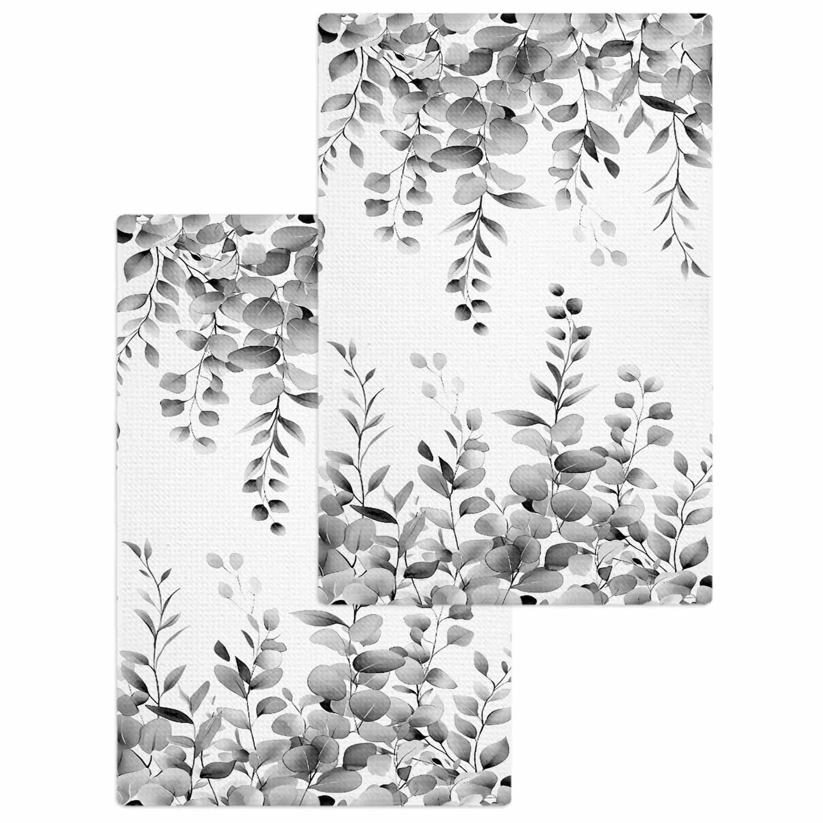 Grey Eucalyptus Hand Towels Set, Waffle Weave Kitchen Towels 2 Pieces, Botanical Leaves Aesthetics Flowers Microfiber Hair Face Bath Tea Towel Absorbent Quick Drying Cleaning Dish Cloths 15.7"x23.6"