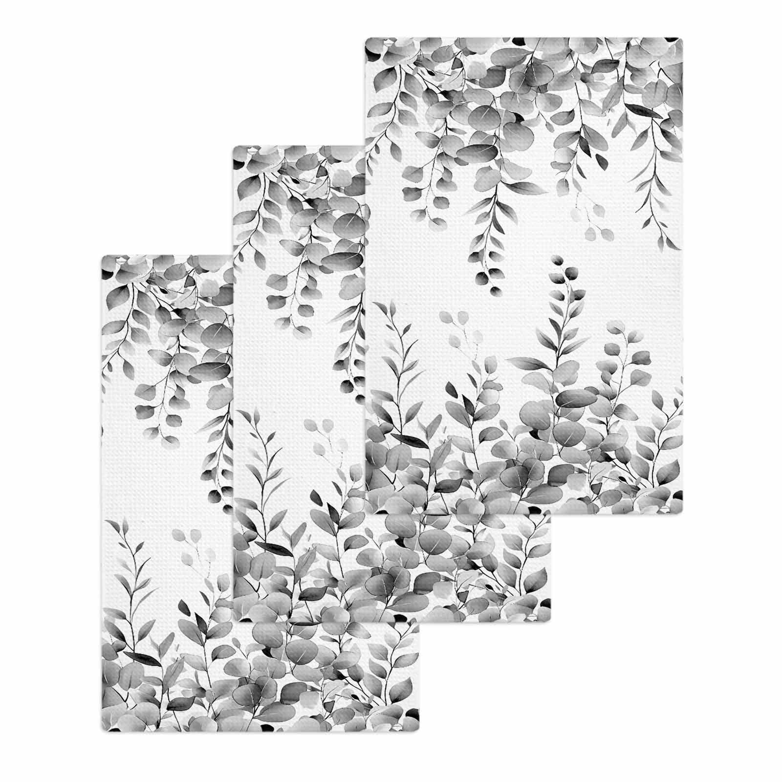 Grey Eucalyptus Hand Towels Set, Waffle Weave Kitchen Towels 3 Pieces, Botanical Leaves Aesthetics Flowers Microfiber Hair Face Bath Tea Towel Absorbent Quick Drying Cleaning Dish Cloths 15.7"x23.6"