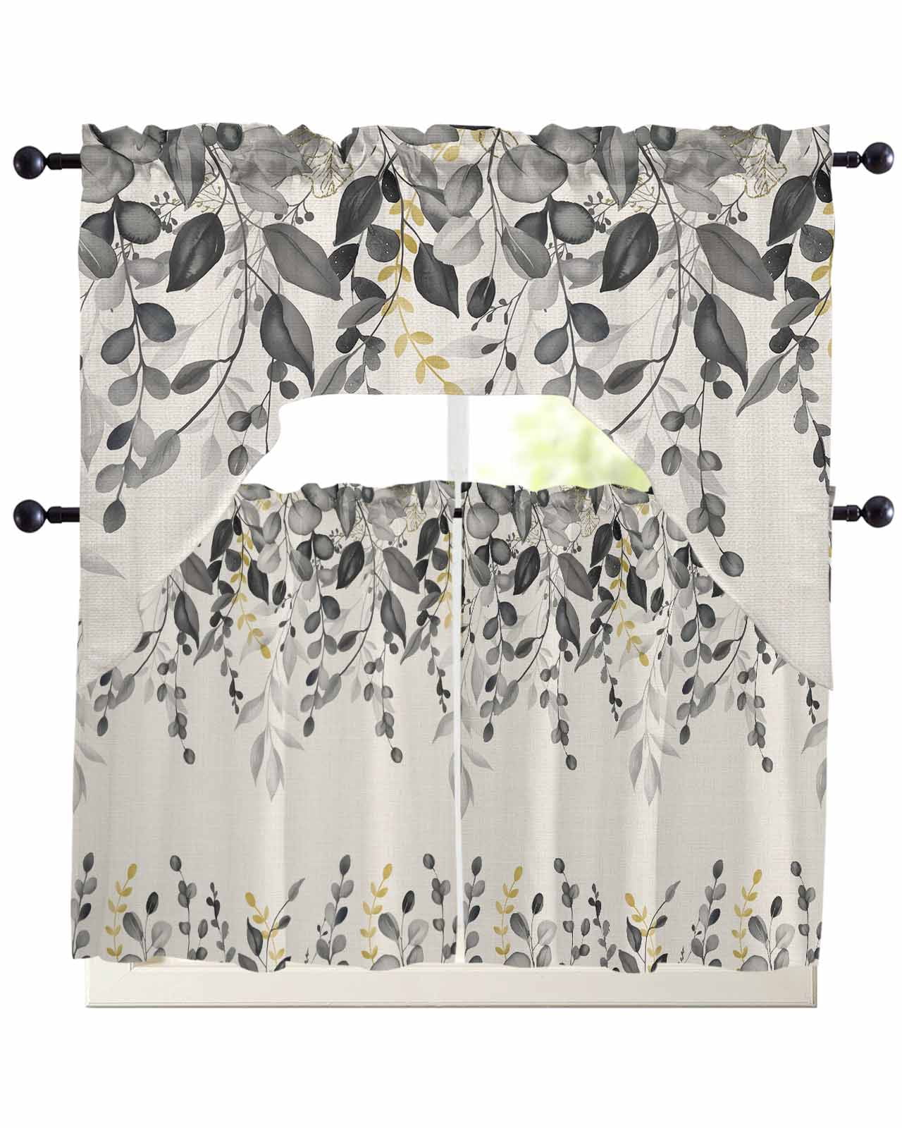 Grey Eucalyptus Kitchen Curtains Sets for Windows 3 Piece, Farmhouse Weeping Leaves on Linen Kitchen Curtains and Valances Tier Set 36 Inch Length Swag Curtain for Living Room Cafe Bathroom Bedroom