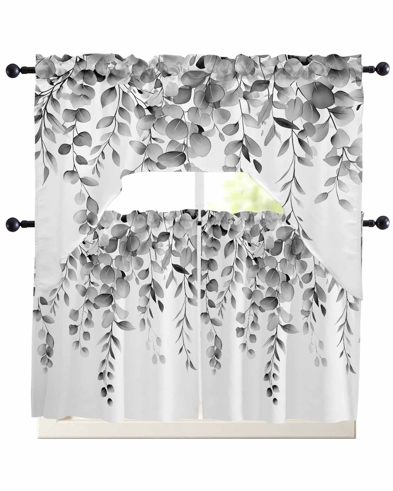 Grey Eucalyptus Kitchen Curtains Swag Valance and Tier Curtains Set 24 ...