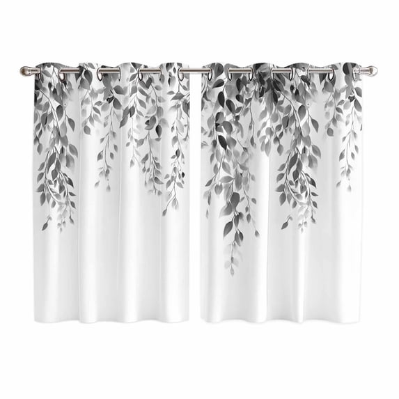 Grey Eucalyptus Kitchen Curtains Window Panels, Weeping Botanical Leaf Watercolor Insulated Window Treatment Curtain, Grommet Curtains for Bedroom/Living Room/Bathroom, 2 Piece 52"Wx63"L