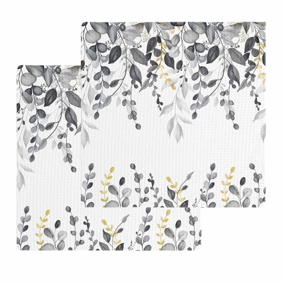 Grey Eucalyptus Kitchen Dish Towels for Drying Dishes Set of 2, Watercolor Spring Weeping Botanical Waffle Weave Microfiber Hand Tea Bathroom Towels Quick Dry & Absorbent Towel 12x12